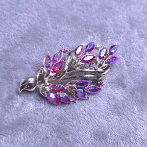 Vintage Silver-Tone Leaf Brooch With Pink Purple Rhinestones